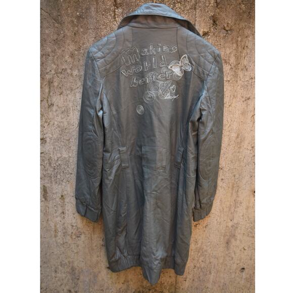 Desigual Gray Genuine Leather Jacket with Graphic Lining & Embroidery 46 (US 14) - Picture 5 of 5